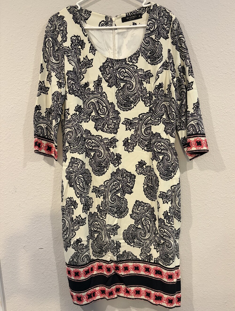 Etro Made In Italy Womens Black Cream Paisley 3/4 Sleeve Midi Dress Size 48 US14